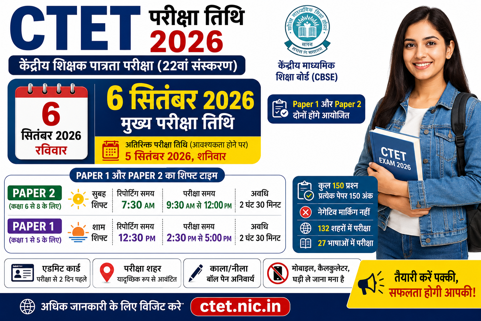 CTET Exam Date 2026 6 September Paper 1 Paper 2