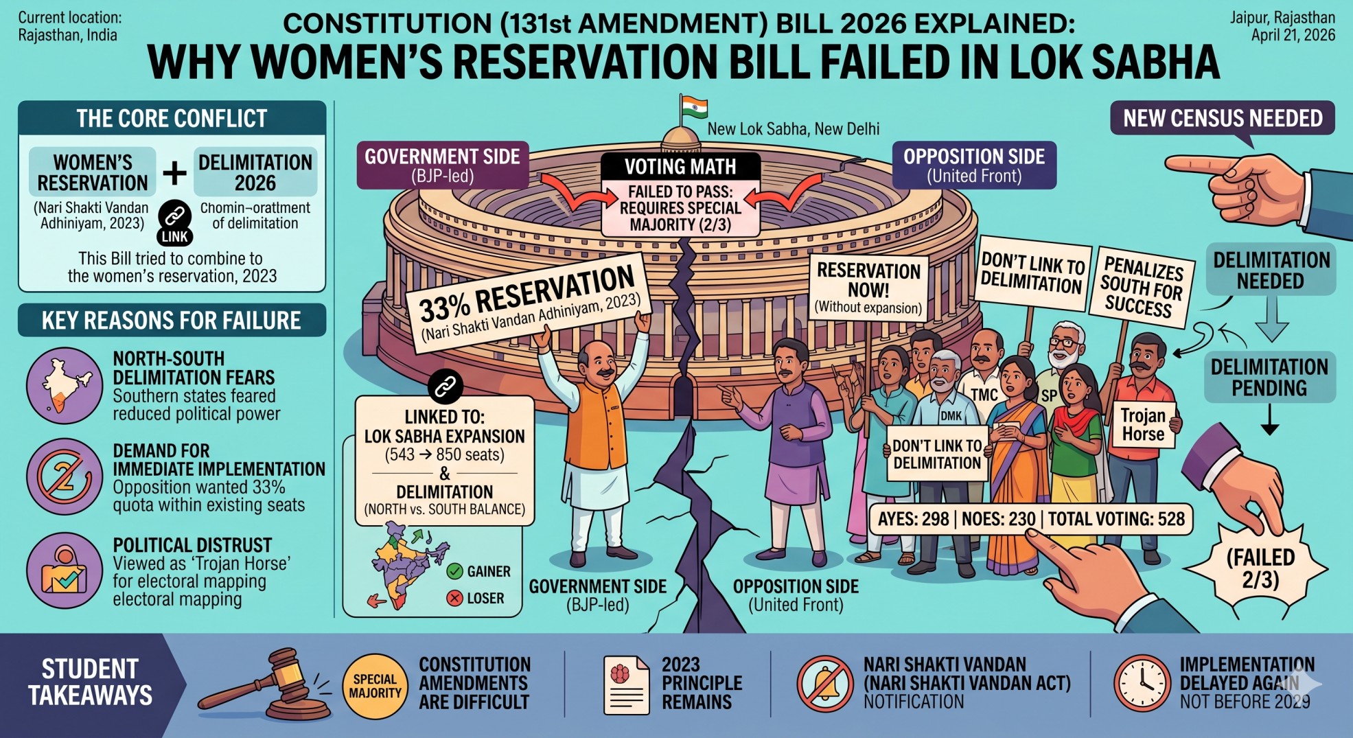 Constitution (131st Amendment) Bill 2026 Explained: Why Women’s Reservation Bill Failed in Lok Sabha