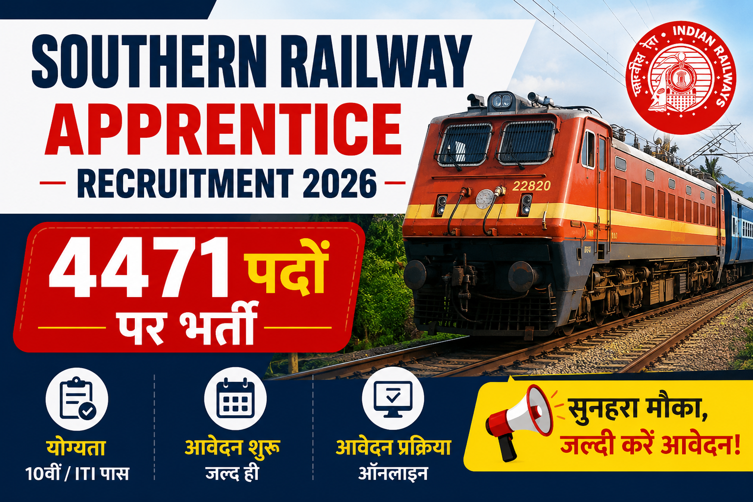 Southern Railway Apprentice Recruitment 2026 में 4471 पद