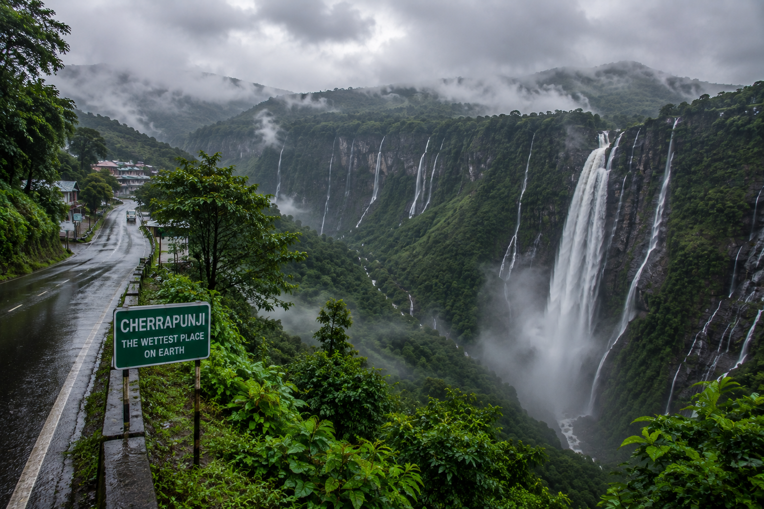 Rainy Cherrapunji Waterfall Valley.png